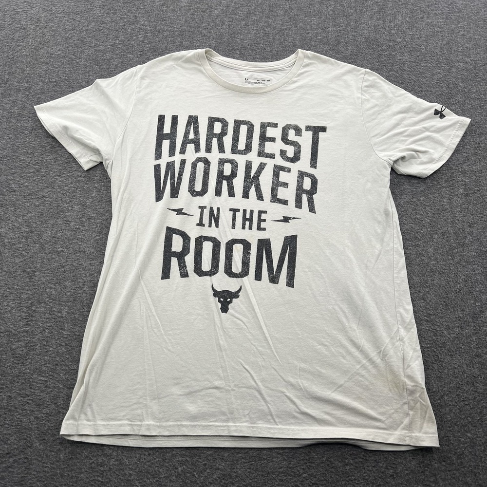 Project Rock Hardest Worker T Shirt Mens 2XL White Gym Crossfit Running *STAINED
